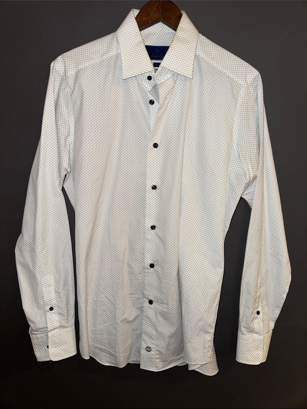 David Donahue White Micro-Dot Dress Shirt with Navy Accents